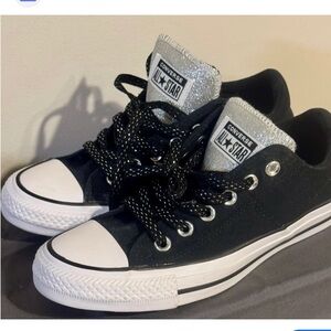 Converse Black Low-Top Sneakers with silver, glitter tongues black glitter laces